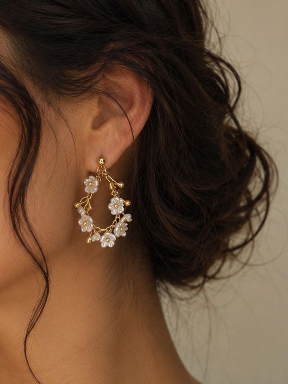 Gold pearl flower Earrings with Cream Floral Charms